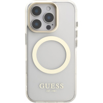 Husă Guess IML Gold Outline cu suport rabatabil și MagSafe pentru iPhone 16 Pro - transparent