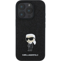Karl Lagerfeld Husă fixă Glitter Metal Ikonik cu sclipici pentru iPhone 16 Pro - neagră