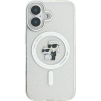 Karl Lagerfeld Husă cu sclipici IML Karl și Choupette cu MagSafe pentru iPhone 16 - argintiu