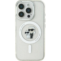Karl Lagerfeld Husă cu sclipici IML Karl și Choupette cu MagSafe pentru iPhone 16 Pro - argintiu