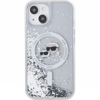 Karl Lagerfeld Husă cu sclipici lichide Karl și capete Choupette cu MagSafe pentru iPhone 15 - argintiu