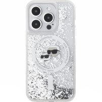 Karl Lagerfeld Husă pentru capete Karl și Choupette cu sclipici lichide cu MagSafe pentru iPhone 15 Pro - argintiu