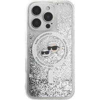 Karl Lagerfeld Husă pentru capete Karl cu sclipici lichide și Choupette cu MagSafe pentru iPhone 16 Pro Max - argintiu