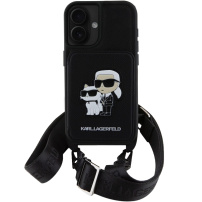 Karl Lagerfeld Husă Saffiano Crossbody Karl și Choupette cu curea reglabilă pentru iPhone 16 - Negru