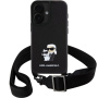 Karl Lagerfeld Husă Saffiano Crossbody Metal Karl și Choupette cu curea reglabilă pentru iPhone 16 Plus - Negru