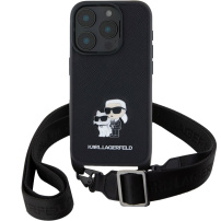 Karl Lagerfeld Husă Saffiano Crossbody Metal Karl și Choupette cu curea reglabilă pentru iPhone 16 Pro - Negru