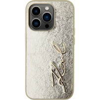 Karl Lagerfeld Husă metalică Wrinkled Signature Logo pentru iPhone 15 Pro Max - auriu