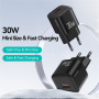 USAMS CC263 GaN mini adaptor de încărcare rapidă cu porturi USB-C / USB-A - 30W - negru