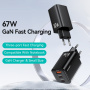 USAMS CC265 GaN adaptor de încărcare rapidă cu porturi 2x USB-C / USB-A - 67W - negru