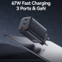 USAMS CC265 GaN adaptor de încărcare rapidă cu porturi 2x USB-C / USB-A - 67W - negru