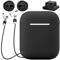 Set practic pentru AirPods 1 / 2: cablu anti-pierdere + carcasă din silicon + cataramă cu mâner + huse pentru căști - negru
