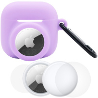 Set 3 în 1 husă din silicon și folie de protecție față și spate pentru AirPods 4 / 5 / AirTag 1 / 2 - mov