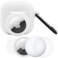 Set 3 în 1 de husă din silicon și folie de protecție pentru partea din față și din spate pentru AirPods 4 / 5 / AirTag 1 / 2 - alb