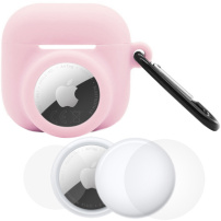 Set 3 în 1 husă din silicon și folie de protecție față și spate pentru AirPods 4 / 5 / AirTag 1 / 2 - roz