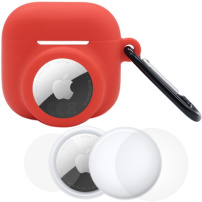 Set 3 în 1 husă din silicon și folie de protecție față și spate pentru AirPods 4 / 5 / AirTag 1 / 2 - roșu