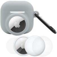 Set 3în1 husă din silicon și folie de protecție față și spate pentru AirPods 4 / 5 / AirTag 1 / 2 - gri