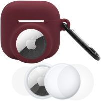 Set 3 în 1 husă din silicon și folie de protecție pentru partea frontală și posterioară pentru AirPods 4 / 5 / AirTag 1 / 2 - vișiniu