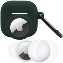 Set 3 în 1 husă din silicon și folie de protecție față și spate pentru AirPods 4 / 5 / AirTag 1 / 2 - verde închis