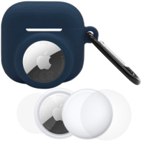 Set 3 în 1 husă din silicon și folie de protecție față și spate pentru AirPods 4 / 5 / AirTag 1 / 2 - albastru închis