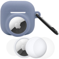 Set 3în1 carcasă din silicon și folie de protecție pentru față și spate pentru AirPods 4 / 5 / AirTag 1 / 2 - albastru-gri