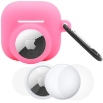 Set 3în1 de husă din silicon și folie de protecție pentru partea frontală și posterioară pentru AirPods 4 / 5 / AirTag 1 / 2 - roz luminos