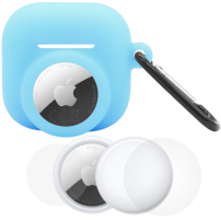 Set 3 în 1 husă din silicon și folie de protecție față și spate pentru AirPods 4 / 5 / AirTag 1 / 2 - albastru luminos