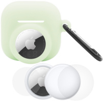 Set 3 în 1 de husă din silicon și folie de protecție pentru partea frontală și posterioară pentru AirPods 4 / 5 / AirTag 1 / 2 - verde fosforescent