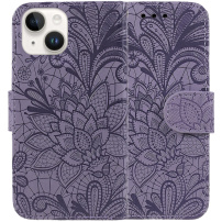 Husă tip carte cu model de dantelă pentru iPhone 13 / 14 - mov