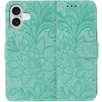 Husă tip carte cu model de dantelă pentru iPhone 16 - turcoaz