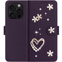 Husă tip carte cu perle și pietricele pentru iPhone 16 Pro - violet