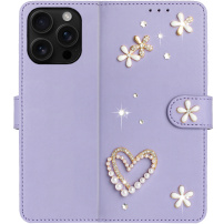 Husă tip carte cu perle și pietricele pentru iPhone 16 Pro - violet deschis