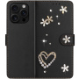 Husă tip carte cu perle și pietricele pentru iPhone 16 Pro Max - negru