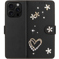 Husă tip carte cu perle și pietricele pentru iPhone 16 Pro Max - negru