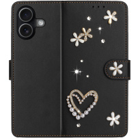 Husă tip carte cu perle și pietre pentru iPhone 17 - negru