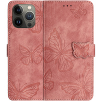 Husă tip carte cu model fluturi pentru iPhone 13 Pro - roz