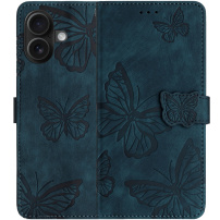 Husă tip carte cu model cu fluturi pentru iPhone 16 Plus - albastru închis