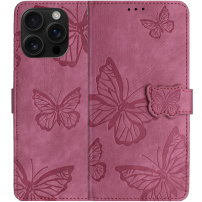 Husă tip carte cu model fluturi pentru iPhone 16 Pro - roz închis