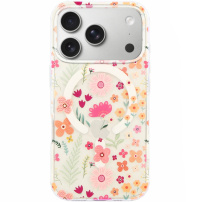 Husă transparentă cu sclipici, model floral și MagSafe pentru iPhone 17 Pro Max - roz