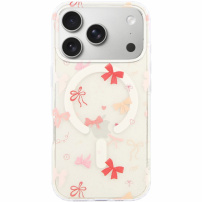Husă transparentă cu sclipici, model cu fundițe și MagSafe pentru iPhone 17 Pro Max - roz