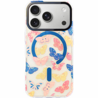 Husă transparentă cu sclipici, model cu fluturi și MagSafe pentru iPhone 17 Pro Max - albastru-roz