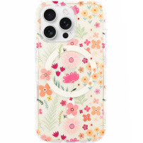 Husă transparentă cu sclipici, model floral și MagSafe pentru iPhone 16 Pro - roz