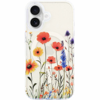 Husă transparentă cu sclipici, model cu flori de câmp și MagSafe pentru iPhone 16 - colorată