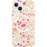 Husă transparentă cu sclipici, model floral și MagSafe pentru iPhone 13 / 14 - roz
