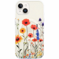 Husă transparentă cu sclipici, model cu flori de câmp și MagSafe pentru iPhone 13 / 14 - colorată