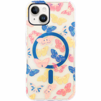 Husă transparentă cu sclipici, model cu fluturi și MagSafe pentru iPhone 13 / 14 - albastru-roz