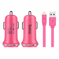 Încărcător auto HOCO, cu două porturi USB + conector lightning, pentru Apple iPhone / iPad / iPod - roz
