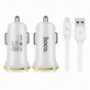 Încărcător auto HOCO, cu două porturi USB + conector lightning, pentru Apple iPhone / iPad / iPod - alb