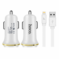 Încărcător auto HOCO, cu două porturi USB + conector lightning, pentru Apple iPhone / iPad / iPod - alb