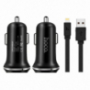Încărcător auto HOCO, cu două porturi USB + conector lightning, pentru Apple iPhone / iPad / iPod - negru