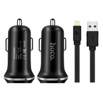 Încărcător auto HOCO, cu două porturi USB + conector lightning, pentru Apple iPhone / iPad / iPod - negru